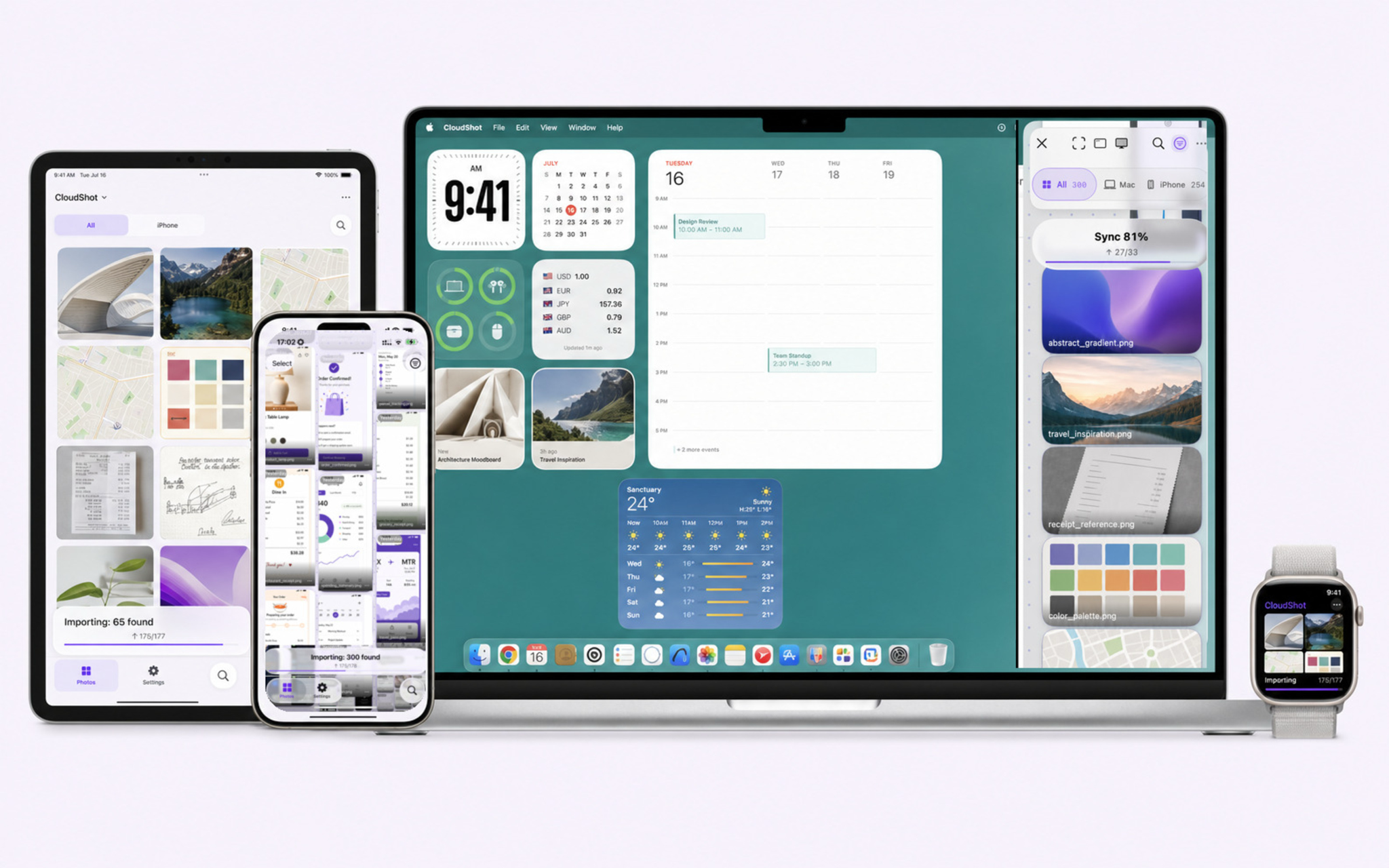 CloudShot on Mac, iPhone, iPad, and Apple Watch — one screenshot history synced across every device